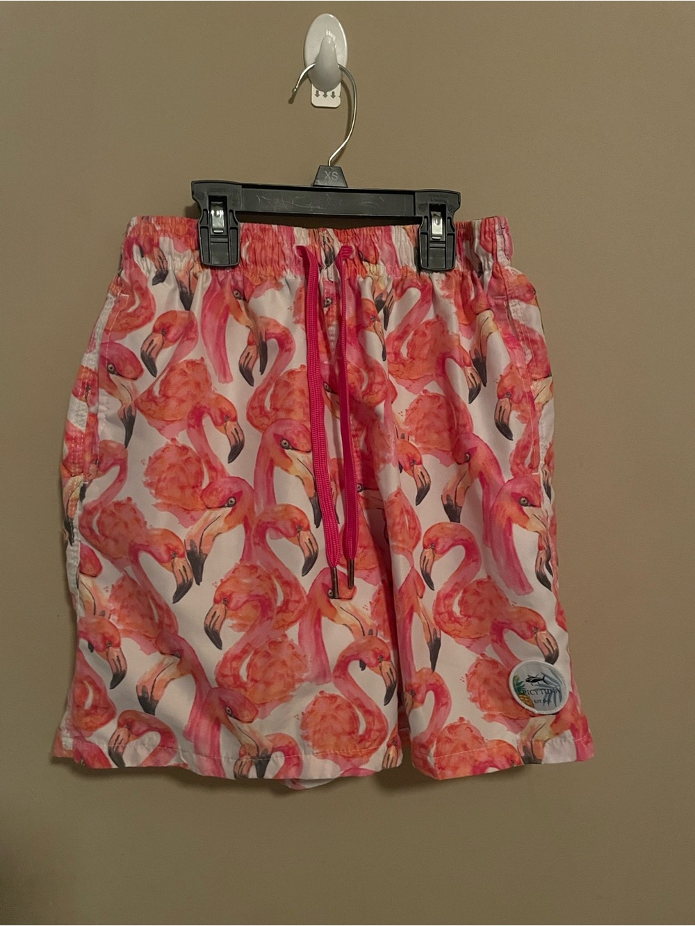 Spicy Tuna Flamingo Print Swim Trunks Men Small Tropical Beach Board Shorts Pink